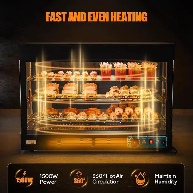 Alt view image 2 of 6 - 35" Pizza Warmer Food Warmer Display, 3-Tier Electric Food Warmer Commercial Countertop w/LED Lighting Adjustable Removable Shelves Glass Door, Pretzel Warmer for Buffet Restaurant 1500W