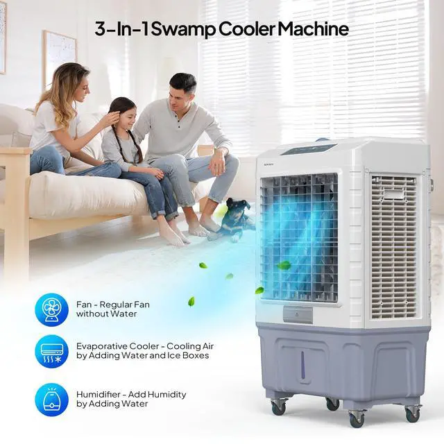 Alt view image 2 of 6 - 4100CFM Portable Air Cooler, 13.2Gal/50L Evaporative Swamp Cooler, 3-IN-1 Cooling Fan with Remote Control, 3 Speeds, 7.5H Timer & 4 Ice Box, Humidifying Oscillating Fan for Indoor or Outdoor