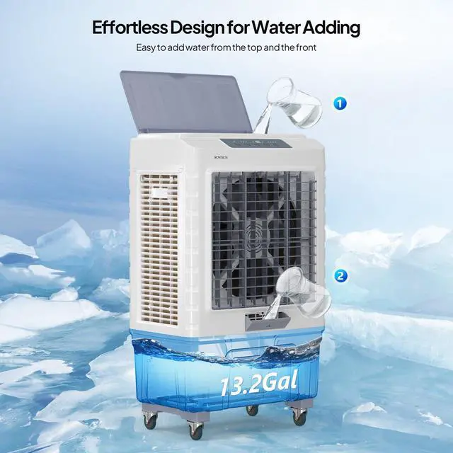 Alt view image 4 of 6 - 4100CFM Portable Air Cooler, 13.2Gal/50L Evaporative Swamp Cooler, 3-IN-1 Cooling Fan with Remote Control, 3 Speeds, 7.5H Timer & 4 Ice Box, Humidifying Oscillating Fan for Indoor or Outdoor