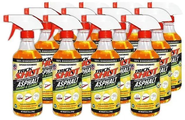 Main image of Trick Shot Asphalt Solvent and Cleaner - USDA Biobased Industrial Degreaser for Paving Equipment & Tools, Heavy Duty Formula, Food Grade Tar Remover & Bitumen Remover, Made in USA - 16 Fl Oz 12-Pack