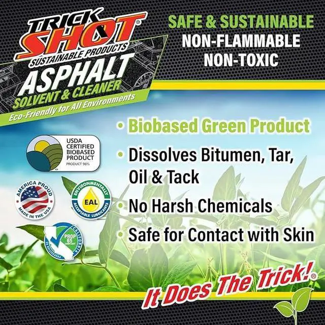 Alt view image 2 of 6 - Trick Shot Asphalt Solvent and Cleaner - USDA Biobased Industrial Degreaser for Paving Equipment & Tools, Heavy Duty Formula, Food Grade Tar Remover & Bitumen Remover, Made in USA - 16 Fl Oz 12-Pack