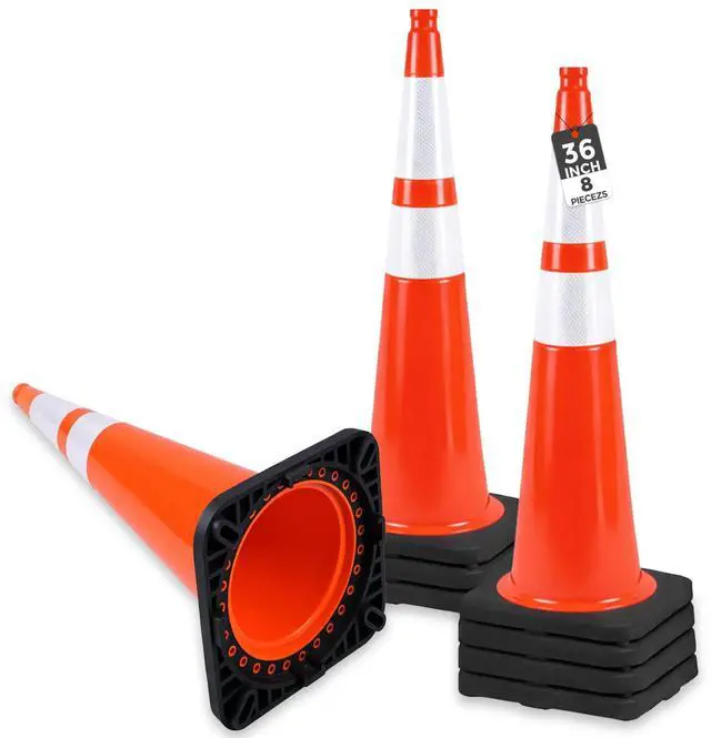 Main image of 8 Pack 36 Inch Traffic Cones, Orange PVC Safety Cones with 6" + 4" Reflective Collars, Heavy Duty Weighted Base for Parking, Roadway & Construction Zone Control