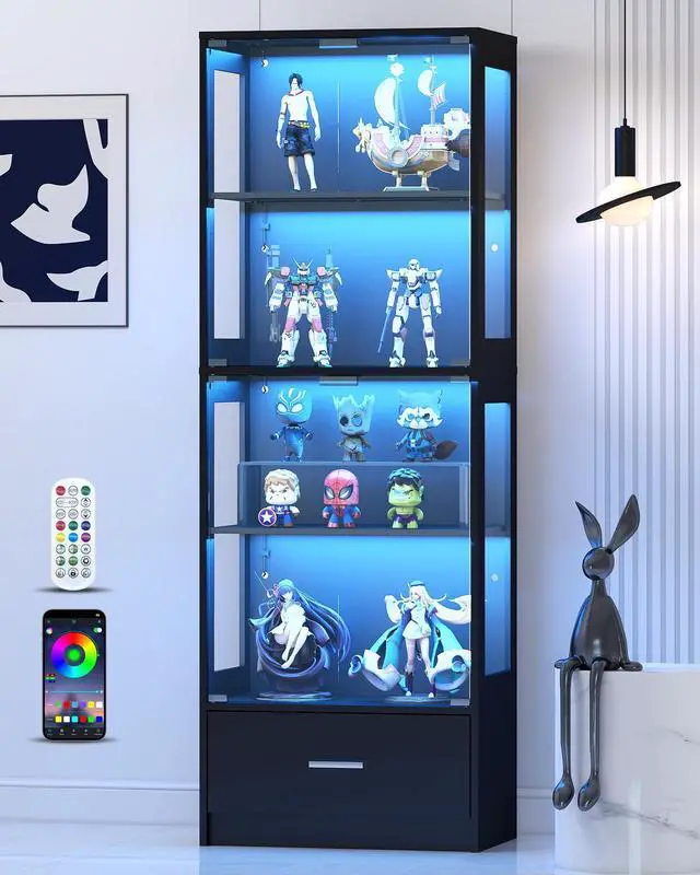 Main image of Display Cabinet with Glass Doors - 67" Curio Cabinet with RGB LED Lights and Drawer for Collectibles, 4 Tier Glass Display Case for Living Room, Office, Black(Narrow)