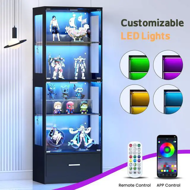 Alt view image 3 of 6 - Display Cabinet with Glass Doors - 67" Curio Cabinet with RGB LED Lights and Drawer for Collectibles, 4 Tier Glass Display Case for Living Room, Office, Black(Narrow)