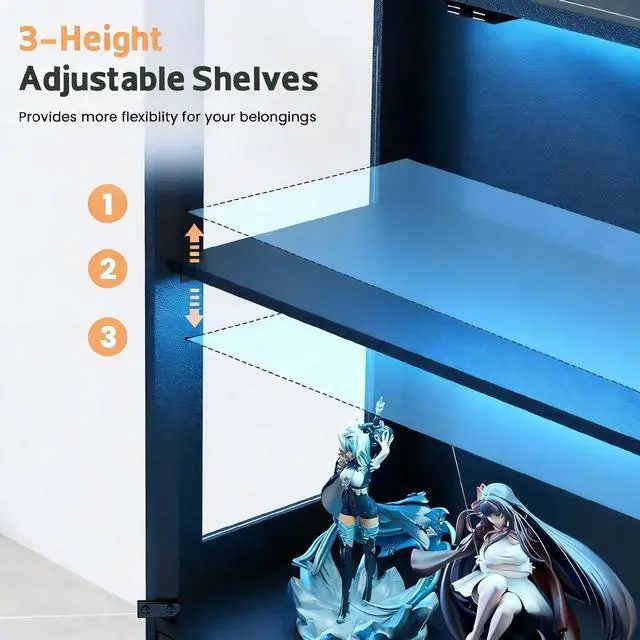 Alt view image 4 of 6 - Display Cabinet with Glass Doors - 67" Curio Cabinet with RGB LED Lights and Drawer for Collectibles, 4 Tier Glass Display Case for Living Room, Office, Black(Narrow)