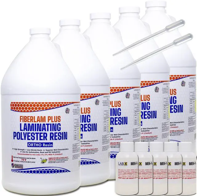 Main image of FIBERLAM Plus 1-10G Polyester Resin 1-10 Gallon +MEKP Hardener; Low Viscosity Coating for Laminating Fiberglass mat/Biaxle/Cloth; Boat/RV/Automotive/Canoe/Surfboard| Extended TACK Time (5 Gallon)