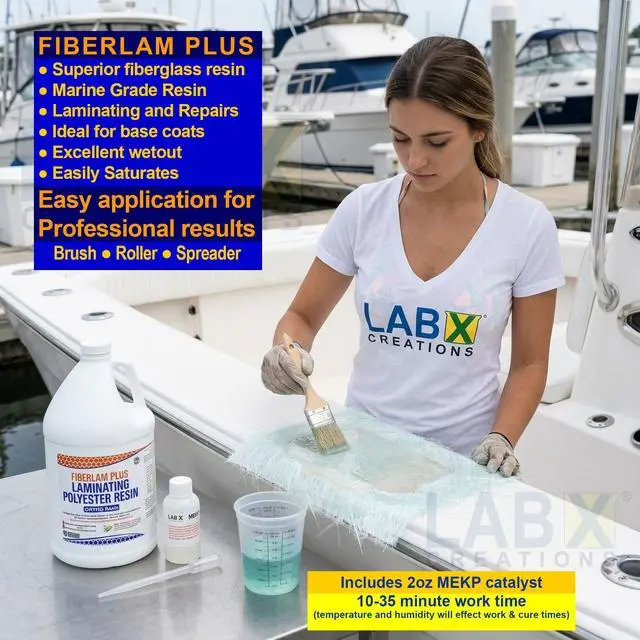 Alt view image 2 of 6 - FIBERLAM Plus 1-10G Polyester Resin 1-10 Gallon +MEKP Hardener; Low Viscosity Coating for Laminating Fiberglass mat/Biaxle/Cloth; Boat/RV/Automotive/Canoe/Surfboard| Extended TACK Time (5 Gallon)