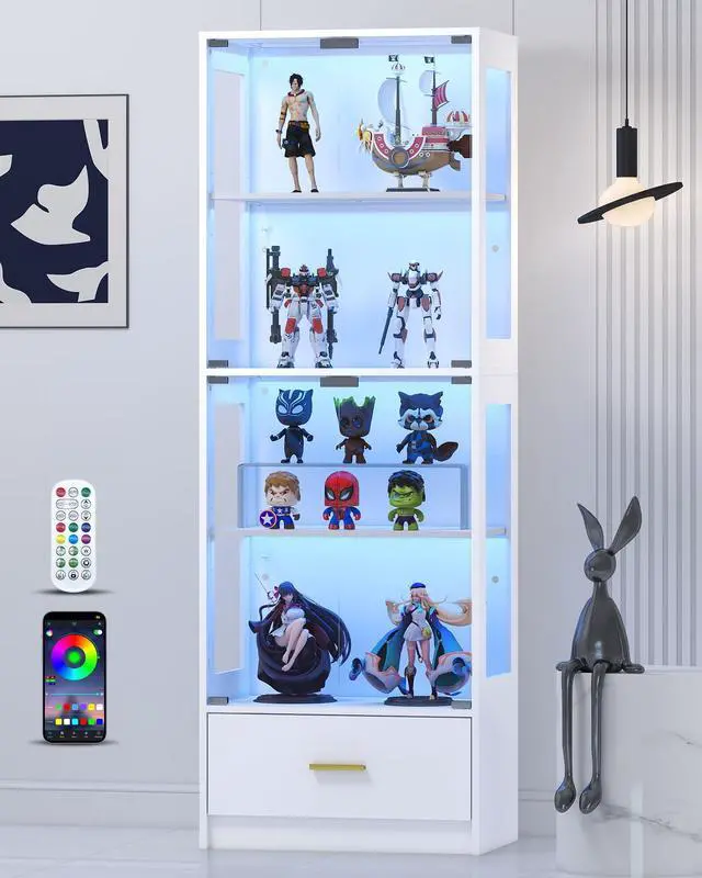 Main image of Display Cabinet with Glass Doors - 67" Curio Cabinet with RGB LED Lights and Drawer for Collectibles, 4 Tier Glass Display Case for Living Room, Office, White (Narrow)