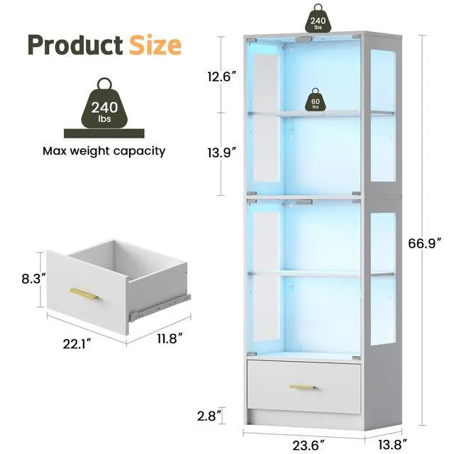Alt view image 2 of 6 - Display Cabinet with Glass Doors - 67" Curio Cabinet with RGB LED Lights and Drawer for Collectibles, 4 Tier Glass Display Case for Living Room, Office, White (Narrow)