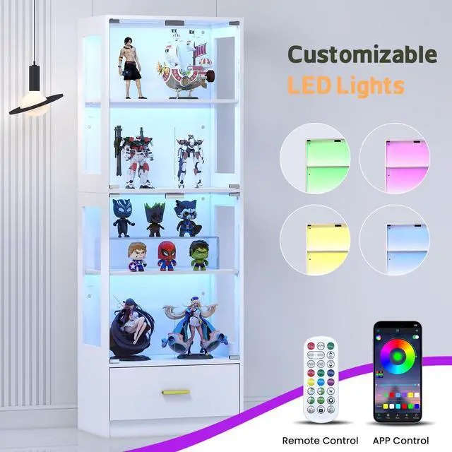 Alt view image 3 of 6 - Display Cabinet with Glass Doors - 67" Curio Cabinet with RGB LED Lights and Drawer for Collectibles, 4 Tier Glass Display Case for Living Room, Office, White (Narrow)