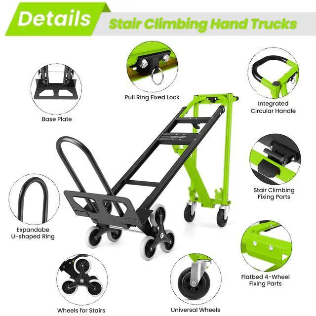 Alt view image 3 of 6 - 1000LBS Heavy Duty Aluminum Stair Climbing Dolly, 3 in 1 Convertible Hand Truck, Folding Hand Truck Dolly Cart with Solid Wheels for Moving/Travel/Office (Green)