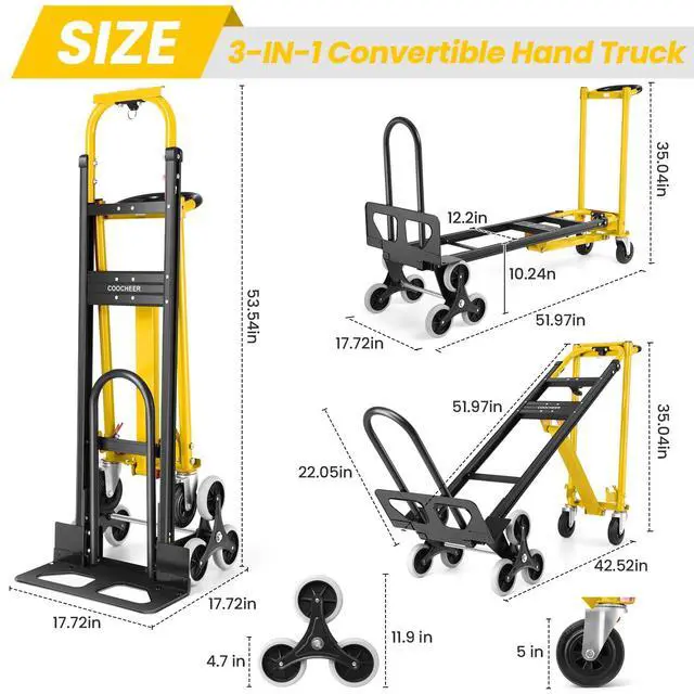 Alt view image 5 of 6 - Professional Heavy Duty 1000LBS Aluminum Stair Climbing Dolly, 3 in 1 Convertible Hand Truck, Folding Hand Truck Dolly Cart with Solid Wheels for Moving/Travel/Office (Yellow)