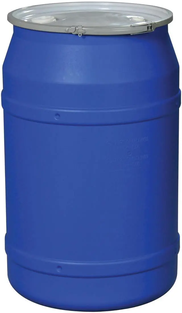 Main image of 55 Gallon Drum with Bung Lid and Metal Lever-Lock, 36.4"x22.5", Open Head Lab Pack Plastic Drum Made of Durable, Lightweight HDPE, Withstands Weather and Chemicals, Made in USA, Blue, 1656MBBG