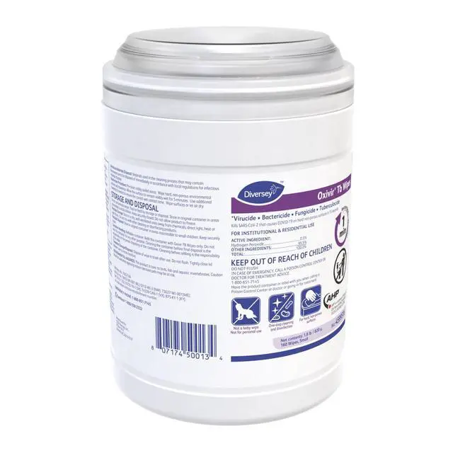 Alt view image 3 of 5 - Diversey 4599516 Tb Disinfectant Small Wipes, Accelerated Hydrogen Peroxide Based Cleaner Disinfectant, Ready-to-Use, Unscented, 160-Wipes, 1-Canister (Pack of 12)