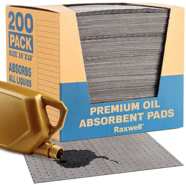 Main image of Oil Absorbent Pads 200 Pack 16 x 18 Heavy-Duty Spill Pads, 8-Layer Polypropylene, Dimpled & Perforated Universal Absorbent Sheets - Garage Floor Mat for Oil, Coolant, Water & Chemicals
