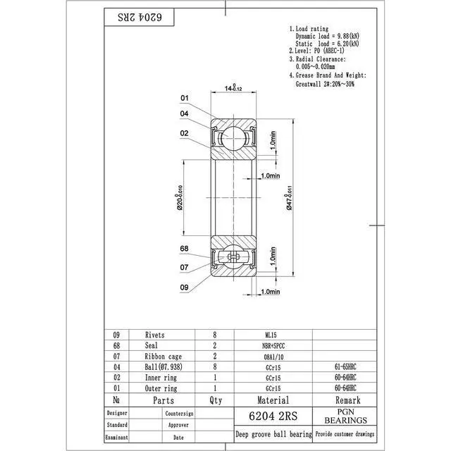 Alt view image 2 of 6 - PGN (100 Pack) 6204-2RS Bearing - Lubricated Chrome Steel Sealed Ball Bearing - 20x47x14mm Bearings with Rubber Seal & High RPM Support