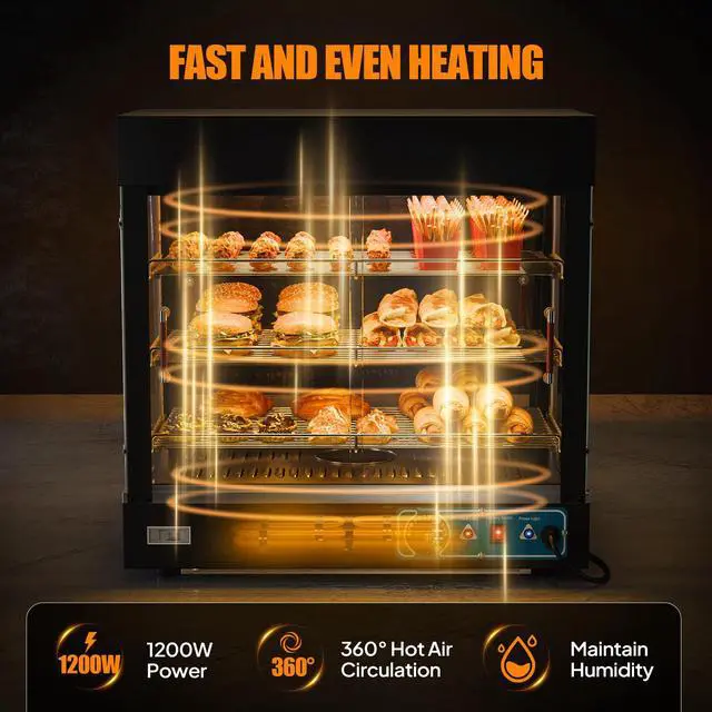 Alt view image 2 of 6 - 26" Commercial Food Warmer Display Pizza Warmer, 3-Tier Electric Countertop Food Warmer w/LED Lighting, Adjustable Removable Shelves & Glass Door, Pretzel Warmer for Buffet Restaurant 1200W