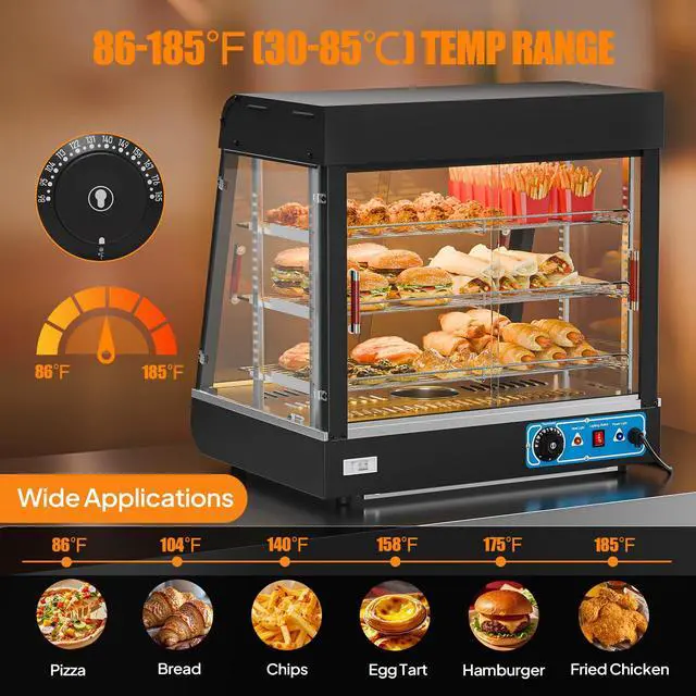 Alt view image 3 of 6 - 26" Commercial Food Warmer Display Pizza Warmer, 3-Tier Electric Countertop Food Warmer w/LED Lighting, Adjustable Removable Shelves & Glass Door, Pretzel Warmer for Buffet Restaurant 1200W