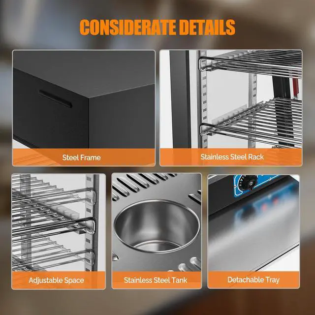 Alt view image 6 of 6 - 26" Commercial Food Warmer Display Pizza Warmer, 3-Tier Electric Countertop Food Warmer w/LED Lighting, Adjustable Removable Shelves & Glass Door, Pretzel Warmer for Buffet Restaurant 1200W