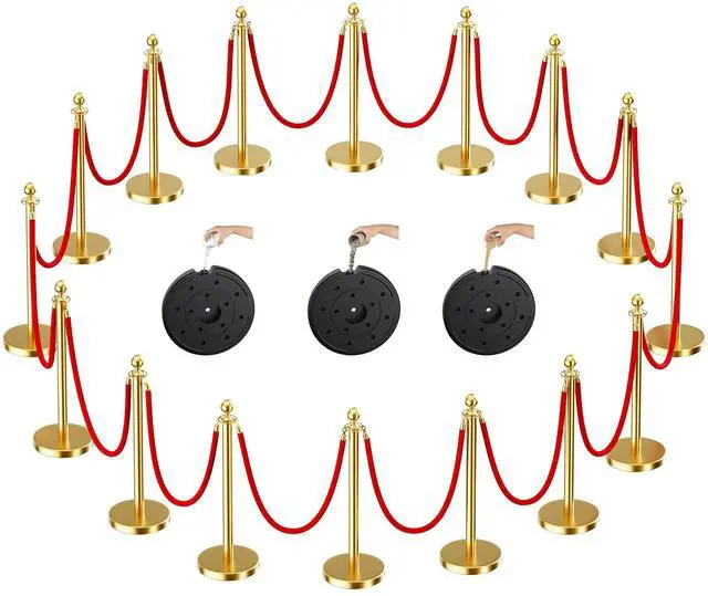 Main image of Gold Stanchions and Velvet Ropes, 16pcs Rope & Stainless Steel Posts | Red Velvet Ropes and Posts With Water/Sand/Concrete Fillable Leakproof Base for Birthday, Prom, Business, Wedding, Red Carpet