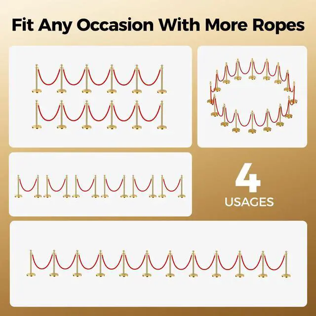Alt view image 3 of 6 - Gold Stanchions and Velvet Ropes, 16pcs Rope & Stainless Steel Posts | Red Velvet Ropes and Posts With Water/Sand/Concrete Fillable Leakproof Base for Birthday, Prom, Business, Wedding, Red Carpet