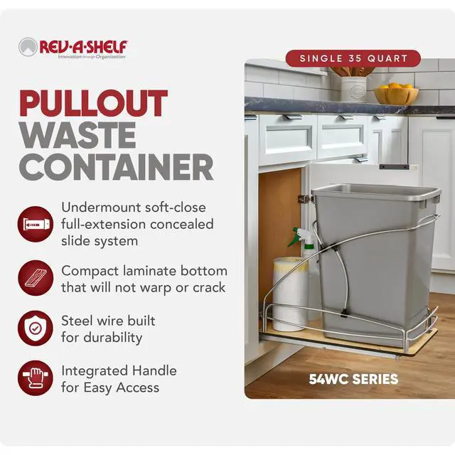 Alt view image 2 of 6 - 35 Qt / 8.75 Gal Steel Bottom Mount Single Pullout Waste Container w/Soft-Close for Base Cabinets, Min Opening Width of 11", Silver, 54WC-1535SC-17-1