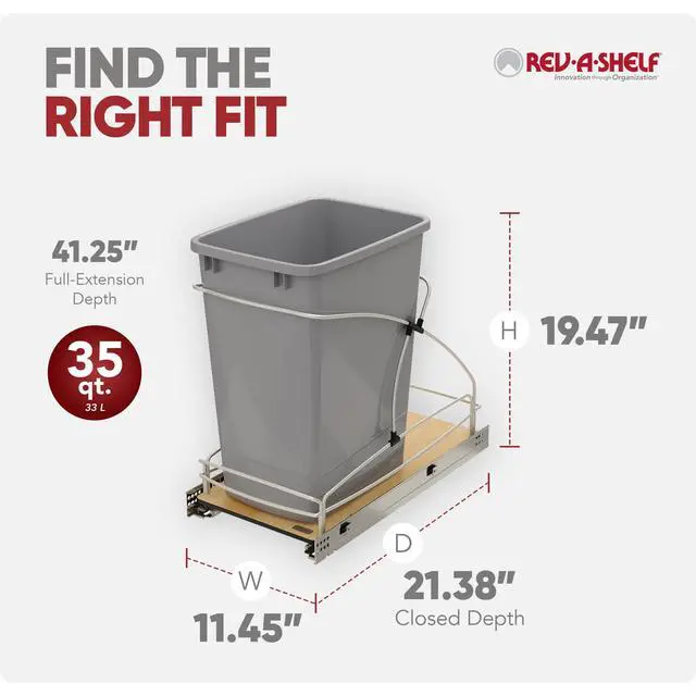 Alt view image 3 of 6 - 35 Qt / 8.75 Gal Steel Bottom Mount Single Pullout Waste Container w/Soft-Close for Base Cabinets, Min Opening Width of 11", Silver, 54WC-1535SC-17-1