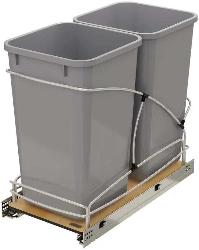 Main image of 27 Qt / 6.75 Gal Steel Bottom Mount Double Pullout Waste Container w/Soft-Close for Base Kitchen Cabinets, Min Opening Width of 11.5", Gray, 54WC-1527SC-17-1