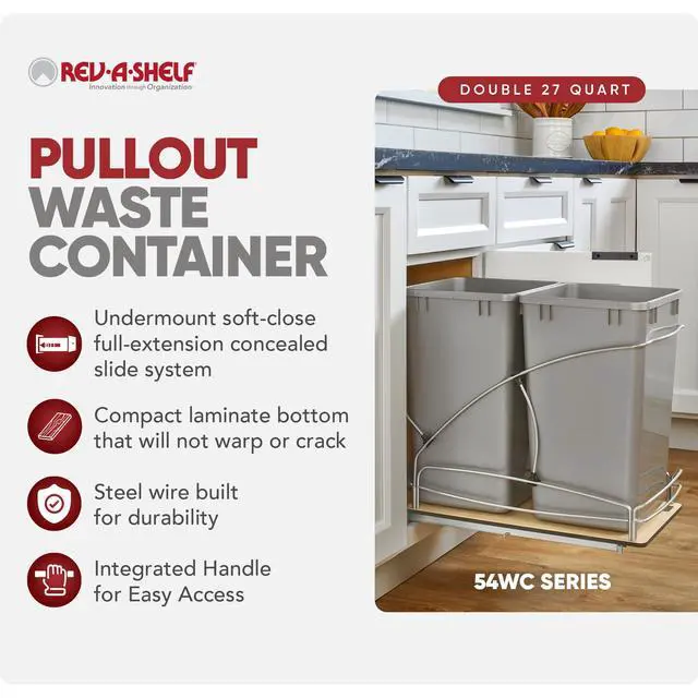Alt view image 2 of 6 - 27 Qt / 6.75 Gal Steel Bottom Mount Double Pullout Waste Container w/Soft-Close for Base Kitchen Cabinets, Min Opening Width of 11.5", Gray, 54WC-1527SC-17-1