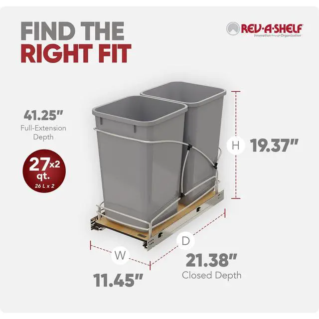 Alt view image 3 of 6 - 27 Qt / 6.75 Gal Steel Bottom Mount Double Pullout Waste Container w/Soft-Close for Base Kitchen Cabinets, Min Opening Width of 11.5", Gray, 54WC-1527SC-17-1