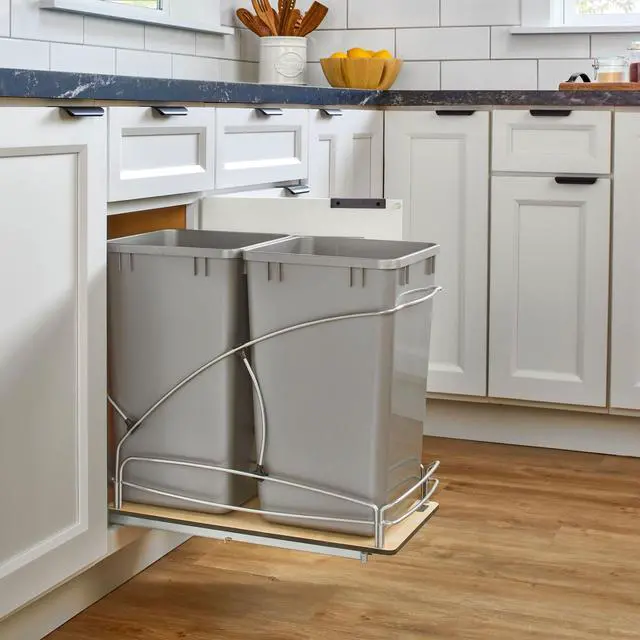 Alt view image 6 of 6 - 27 Qt / 6.75 Gal Steel Bottom Mount Double Pullout Waste Container w/Soft-Close for Base Kitchen Cabinets, Min Opening Width of 11.5", Gray, 54WC-1527SC-17-1