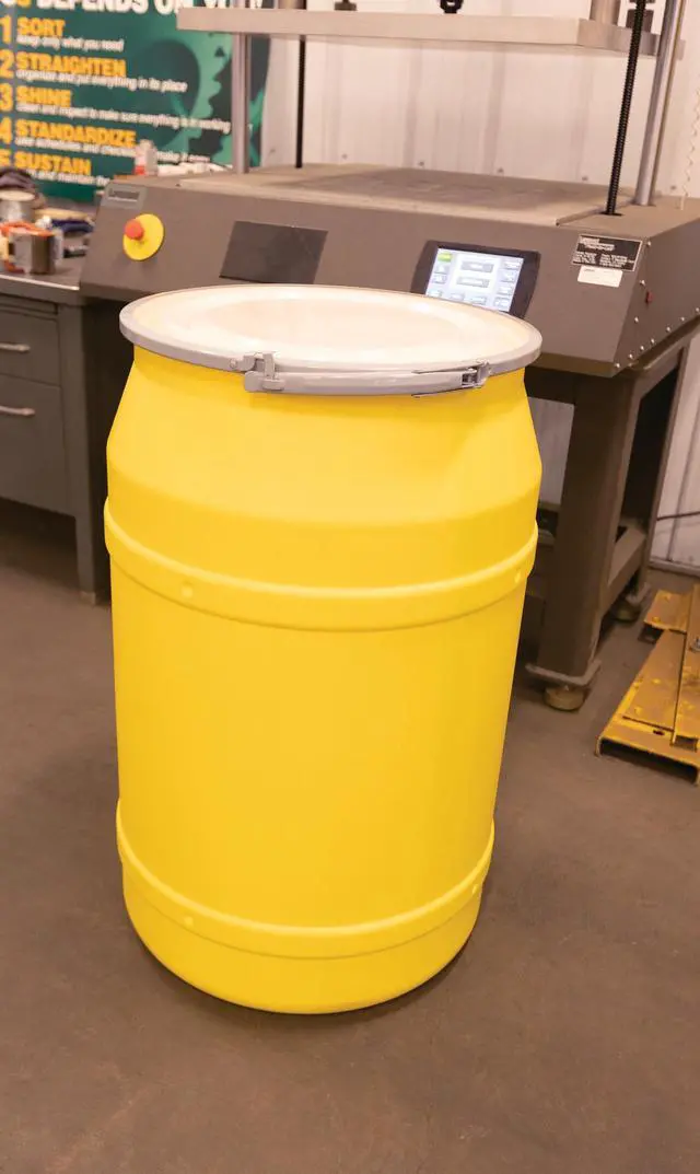 Alt view image 2 of 5 - 55 Gallon Plastic Drum with Lid, Metal Lever-Lock, 36.4"x22.5", Open Head Lab Pack Drum Made of Durable, Lightweight HDPE, Withstands Weather and Chemicals, Made in USA, Yellow, 1656M