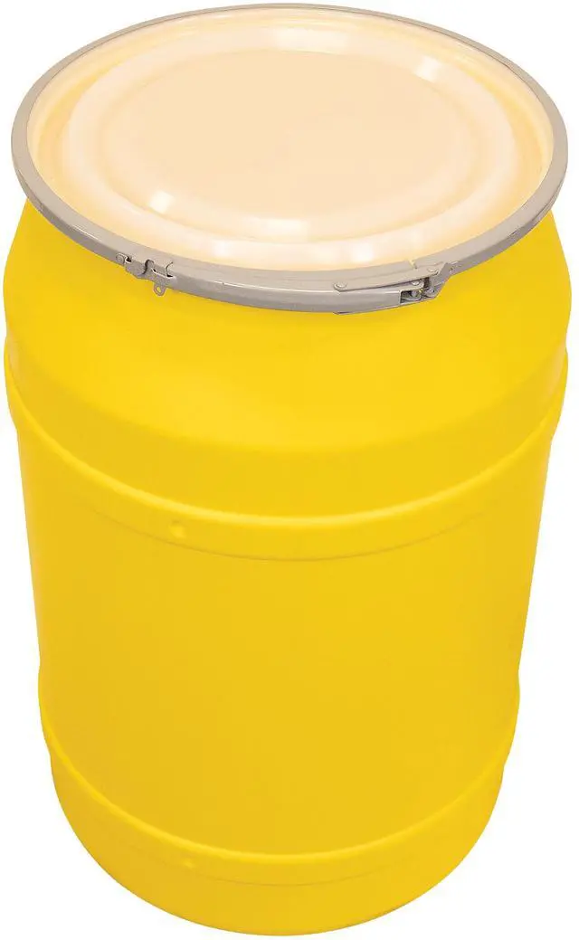 Alt view image 3 of 5 - 55 Gallon Plastic Drum with Lid, Metal Lever-Lock, 36.4"x22.5", Open Head Lab Pack Drum Made of Durable, Lightweight HDPE, Withstands Weather and Chemicals, Made in USA, Yellow, 1656M