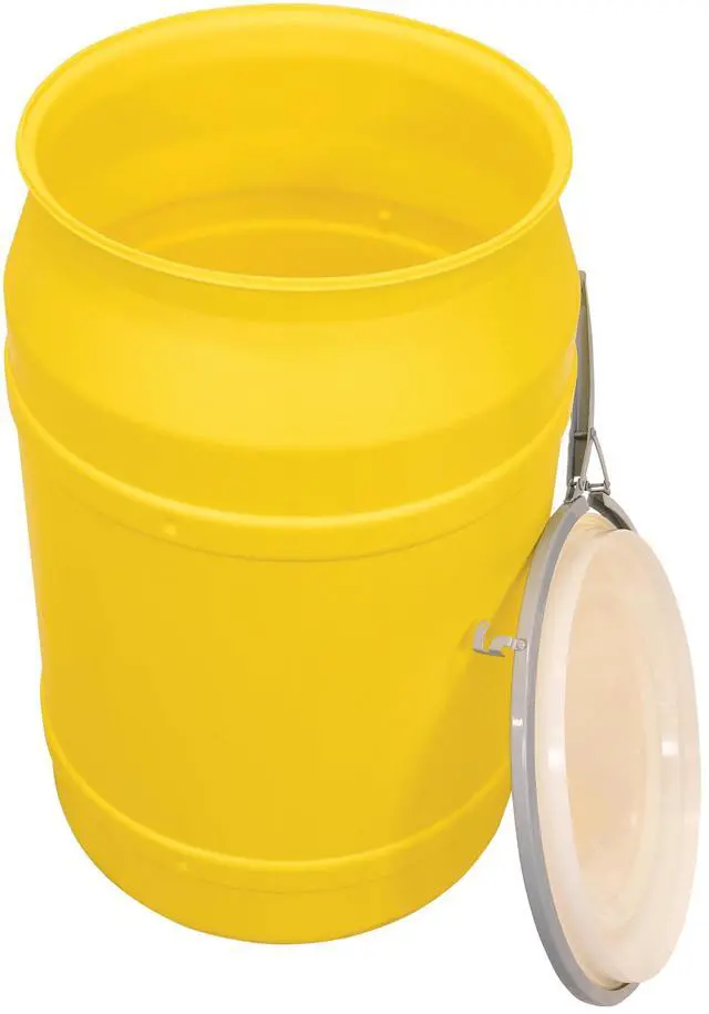 Alt view image 4 of 5 - 55 Gallon Plastic Drum with Lid, Metal Lever-Lock, 36.4"x22.5", Open Head Lab Pack Drum Made of Durable, Lightweight HDPE, Withstands Weather and Chemicals, Made in USA, Yellow, 1656M