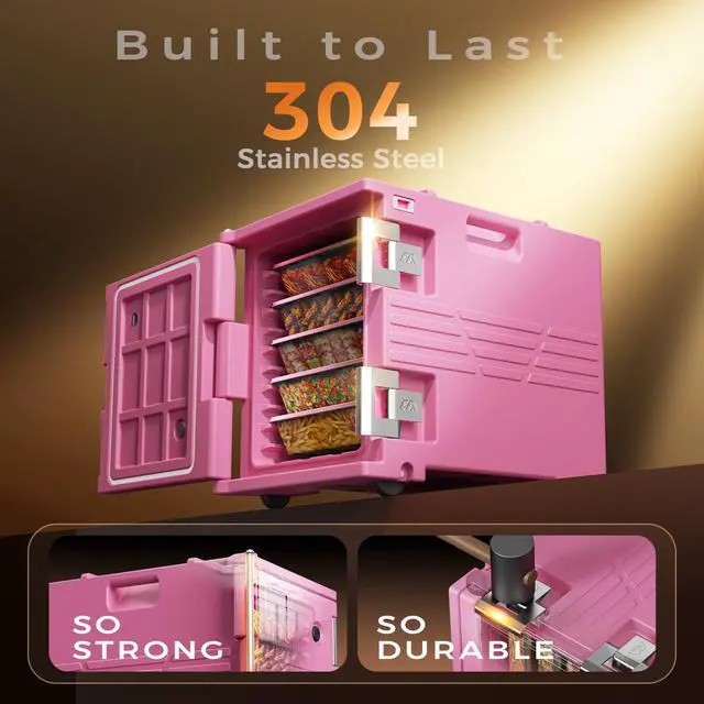 Alt view image 3 of 6 - Pink 82QT Non-Electric Hot Box Food Warmer with Wheels, 304 Stainless Steel Latch, Insulated Food Carrier for 5 Full-Size Pans(NOT Included), Food Warmer Box Hot Boxes for Catering