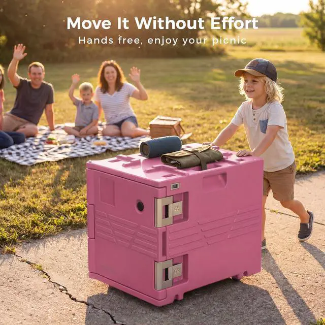 Alt view image 4 of 6 - Pink 82QT Non-Electric Hot Box Food Warmer with Wheels, 304 Stainless Steel Latch, Insulated Food Carrier for 5 Full-Size Pans(NOT Included), Food Warmer Box Hot Boxes for Catering