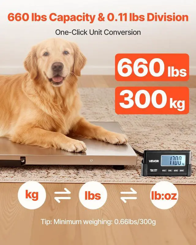 Alt view image 2 of 6 - Digital Shipping Scale, 0.1 lbs High Accuracy, 660 lbs Postal Scale with LCD Display, Hold/Tare Function & AC/DC Power Supply, Fit for Packages, Postage, Luggage, Battery & Adapter Included