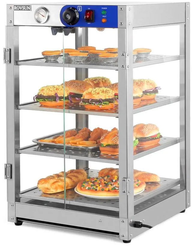 Main image of 4-Tier Commercial Food Warmer Pizza Warmer Countertop, Food Warmer Display with LED Lighting Removable Shelves Glass Door, Pretzel Warmer for Buffet Restaurant Cafe, 110V 800W