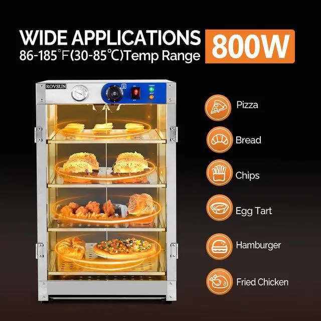 Alt view image 2 of 6 - 4-Tier Commercial Food Warmer Pizza Warmer Countertop, Food Warmer Display with LED Lighting Removable Shelves Glass Door, Pretzel Warmer for Buffet Restaurant Cafe, 110V 800W