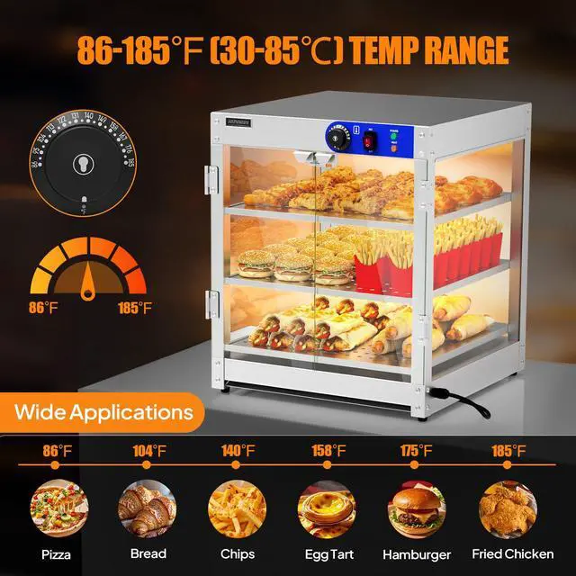 Alt view image 3 of 6 - 3-Tier Commercial Food Warmer, Pizza Warmer Food Warmer Display with LED Lighting Removable Shelves Glass Door, Countertop Electric Food Warmer for Buffet Restaurant 110V 800W