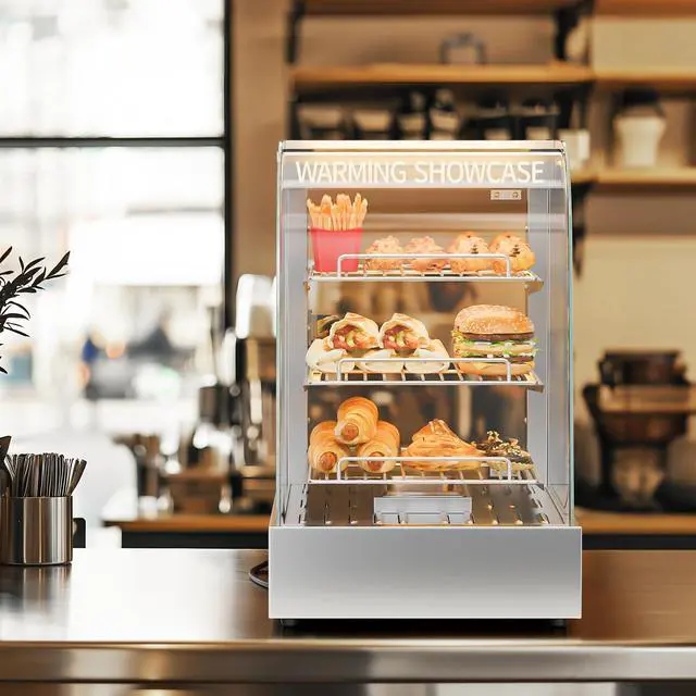 Alt view image 5 of 5 - 15" Commercial Food Warmer Display Pizza Warmer, 3-Tier Electric Countertop Food Warmer w/LED Lighting Adjustable Removable Shelves Glass Door, Pretzel Warmer for Buffet Restaurant, Silver