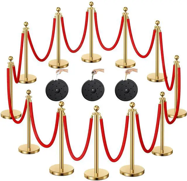 Main image of Gold Stanchions and Velvet Ropes, 12pcs Rope & Stainless Steel Posts | Red Velvet Ropes and Posts With Water/Sand/Concrete Fillable Leakproof Base for Birthday, Prom, Business, Wedding, Red Carpet