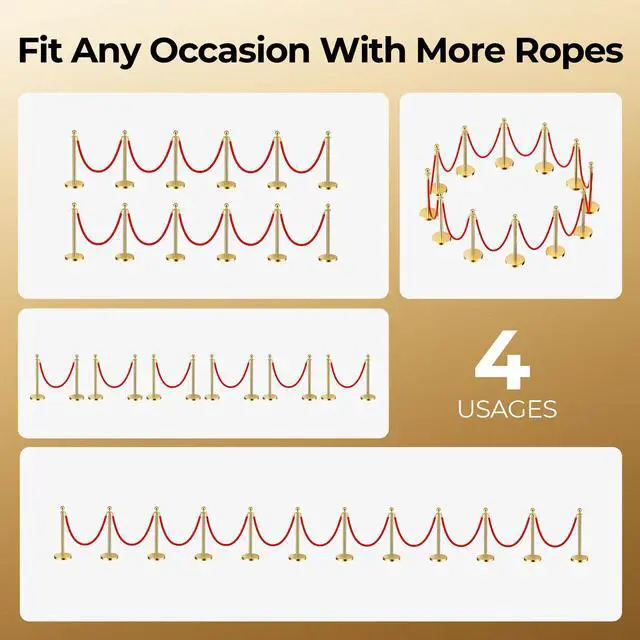 Alt view image 2 of 6 - Gold Stanchions and Velvet Ropes, 12pcs Rope & Stainless Steel Posts | Red Velvet Ropes and Posts With Water/Sand/Concrete Fillable Leakproof Base for Birthday, Prom, Business, Wedding, Red Carpet