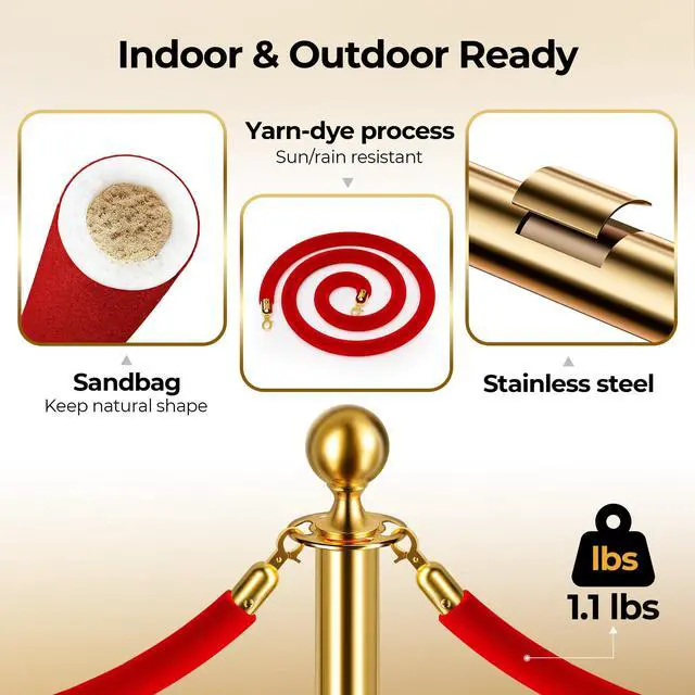 Alt view image 6 of 6 - Gold Stanchions and Velvet Ropes, 12pcs Rope & Stainless Steel Posts | Red Velvet Ropes and Posts With Water/Sand/Concrete Fillable Leakproof Base for Birthday, Prom, Business, Wedding, Red Carpet