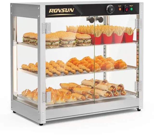 Main image of 3-Tier Commercial Food Warmer, 27" Pizza Warmer Food Warmer Display with LED Adjustable Lighting Glass Door Removable Shelves, Countertop Electric Food Warmer for Buffet Restaurant 110V 800W
