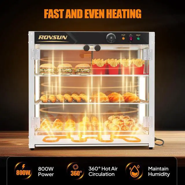 Alt view image 2 of 6 - 3-Tier Commercial Food Warmer, 27" Pizza Warmer Food Warmer Display with LED Adjustable Lighting Glass Door Removable Shelves, Countertop Electric Food Warmer for Buffet Restaurant 110V 800W