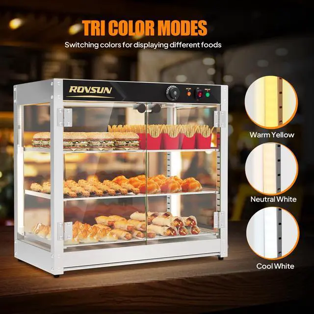 Alt view image 3 of 6 - 3-Tier Commercial Food Warmer, 27" Pizza Warmer Food Warmer Display with LED Adjustable Lighting Glass Door Removable Shelves, Countertop Electric Food Warmer for Buffet Restaurant 110V 800W