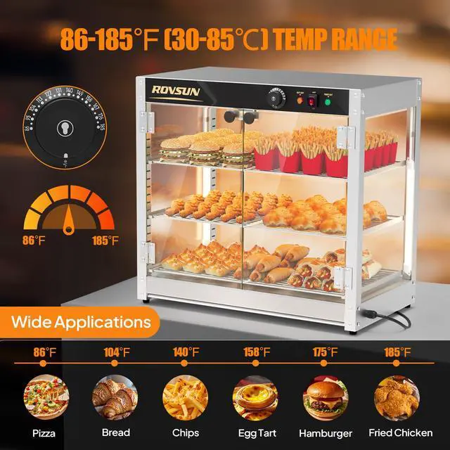 Alt view image 4 of 6 - 3-Tier Commercial Food Warmer, 27" Pizza Warmer Food Warmer Display with LED Adjustable Lighting Glass Door Removable Shelves, Countertop Electric Food Warmer for Buffet Restaurant 110V 800W