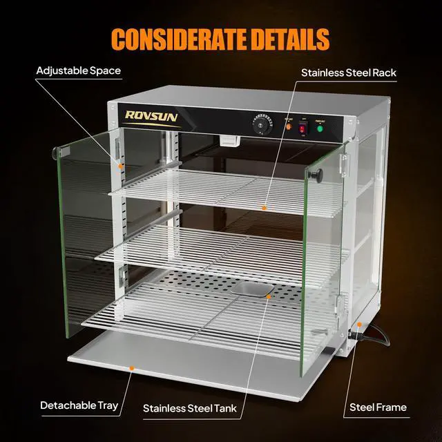 Alt view image 6 of 6 - 3-Tier Commercial Food Warmer, 27" Pizza Warmer Food Warmer Display with LED Adjustable Lighting Glass Door Removable Shelves, Countertop Electric Food Warmer for Buffet Restaurant 110V 800W