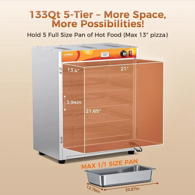 Alt view image 6 of 6 - 133Qt 5-Tier 900W Commercial Food Warmer w/ 304 Blued Stainless Steel Heating Element, Double-Tempered Glass Door, Adjustable Shelf, Electric Catering Hot Box Countertop Heated Holding Cabinet